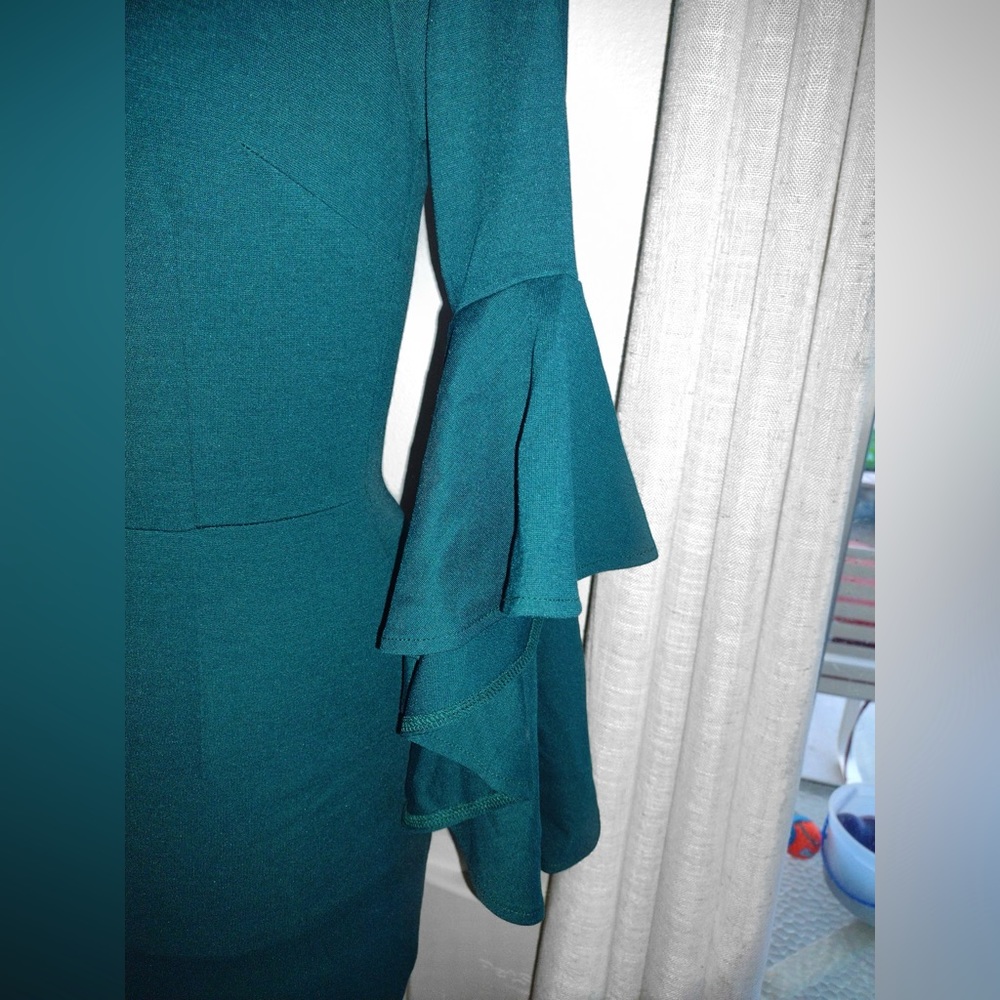 NWT Vfshow Bell Ruffle Sleeve Bodycon Midi Dress Dark Green Blue XS - Picture 5 of 11